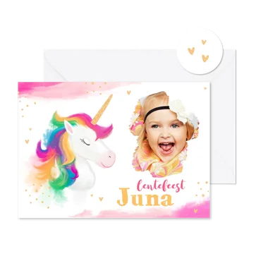 Lentefeest uitnodiging feestje unicorn waterverf hartjes